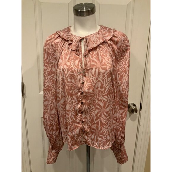 Florence and Balducci Anthropologie Pink Floral Button-Up Blouse Neck Tie Size S - Picture 1 of 8
